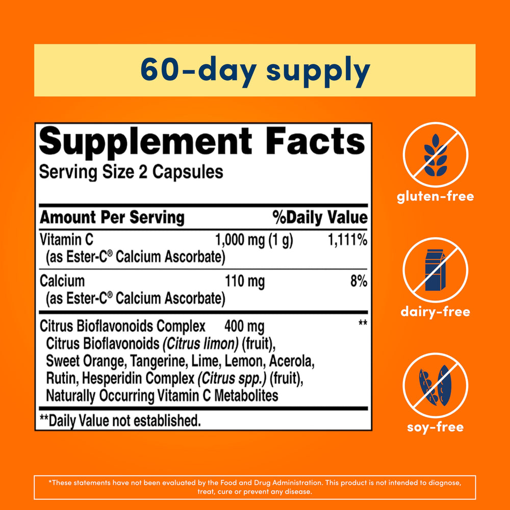 Ester-C capsules pouring from bottle highlight 24-hour immune support.