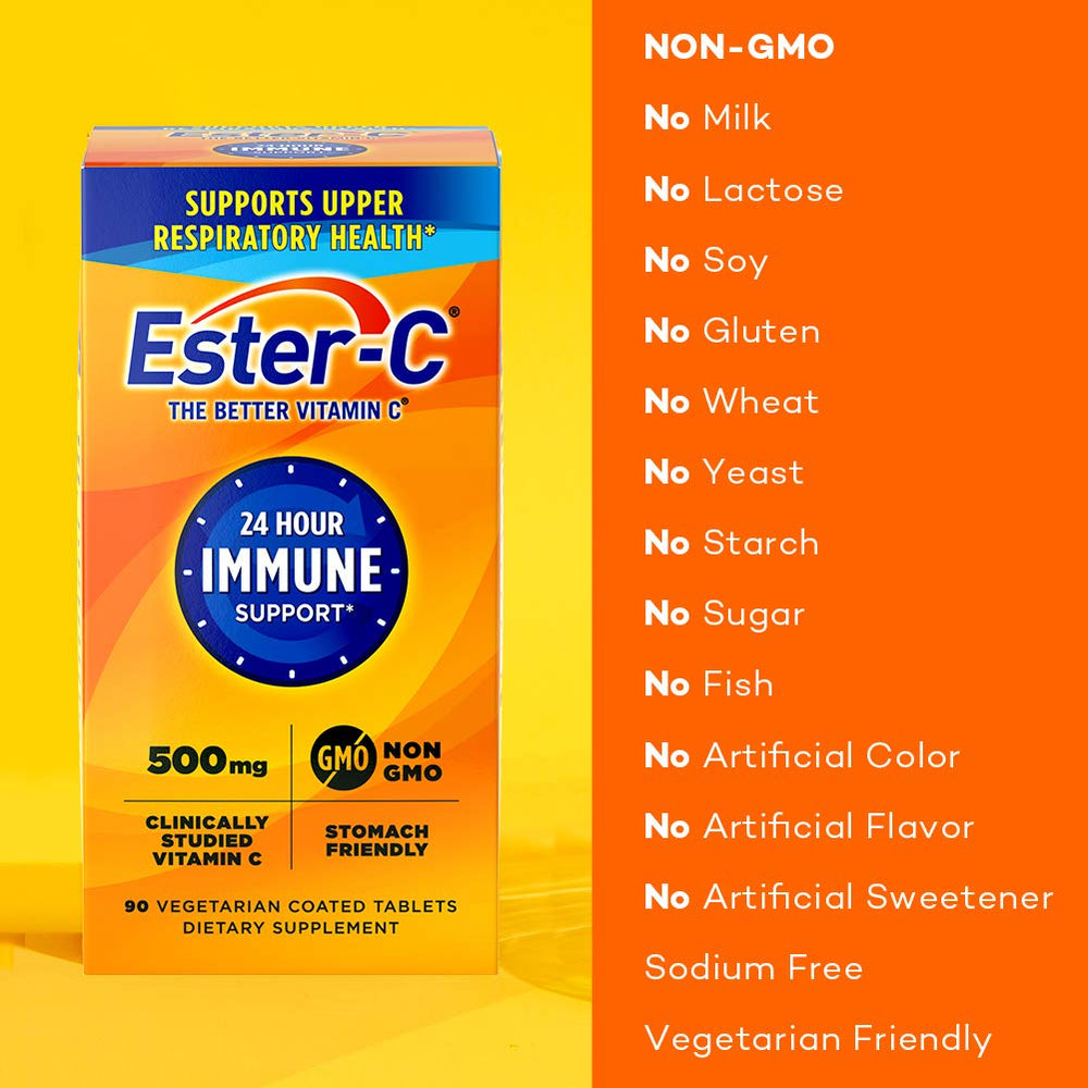 Ester-C 500 mg bottle cap and label showing non-GMO ingredients