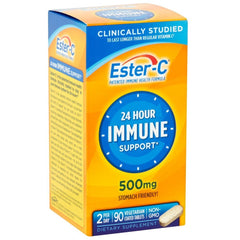Ester-C 500 mg coated tablets bottle shows a gentle, non-acidic vitamin C for daily use.