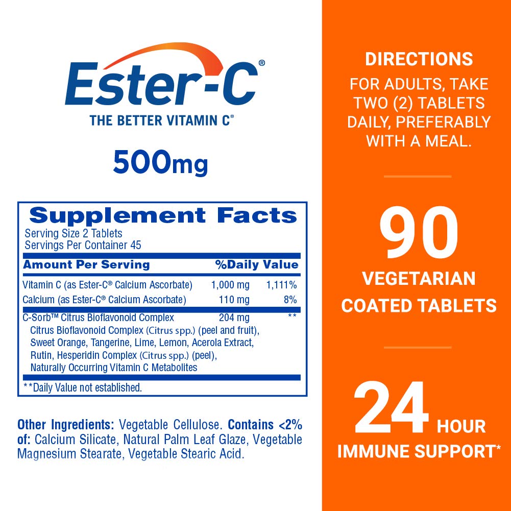 Close-up of Ester-C 500 mg tablets highlighting the gentle formulation