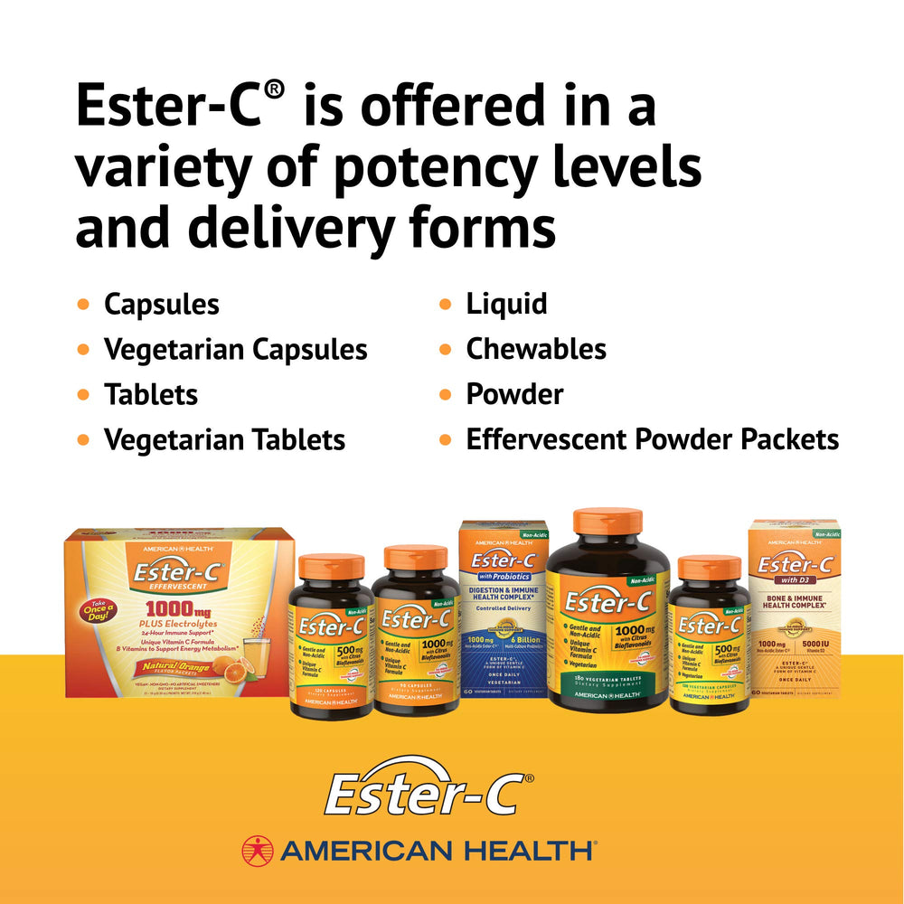 Ester-C close-up on 120-count bottle for convenient replenishment.