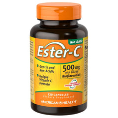 Ester-C bottle with citrus bioflavonoids capsules for immune support.