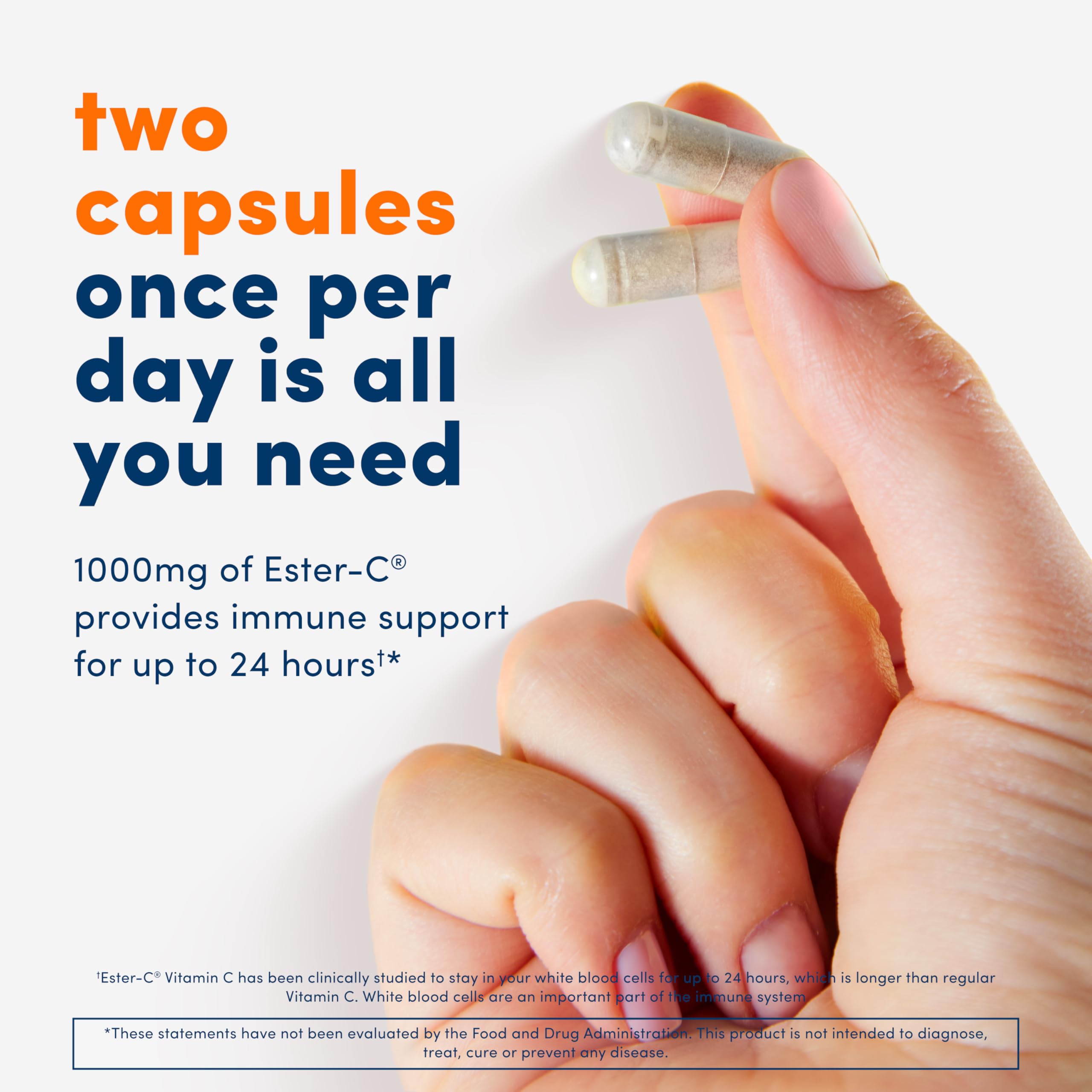 Ester-C bottle and glass emphasizing easy daily vitamin C routine.