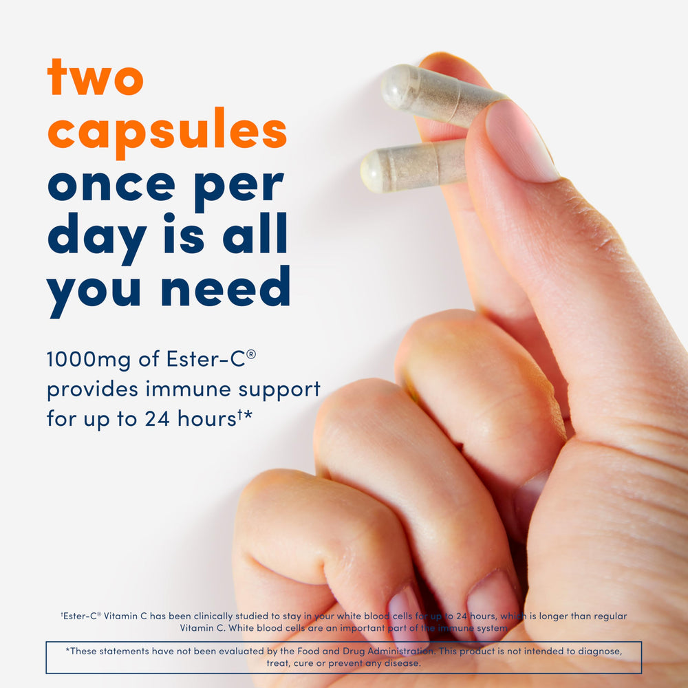 Ester-C bottle and glass emphasizing easy daily vitamin C routine.