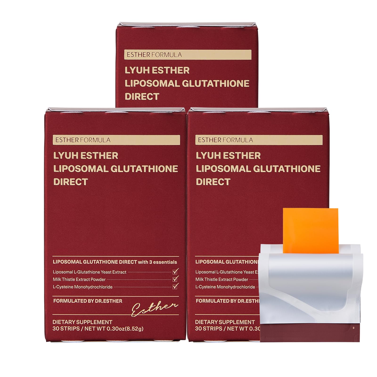 ESTHER FORMULA Liposomal Glutathione Strip packaging for easy travel use.