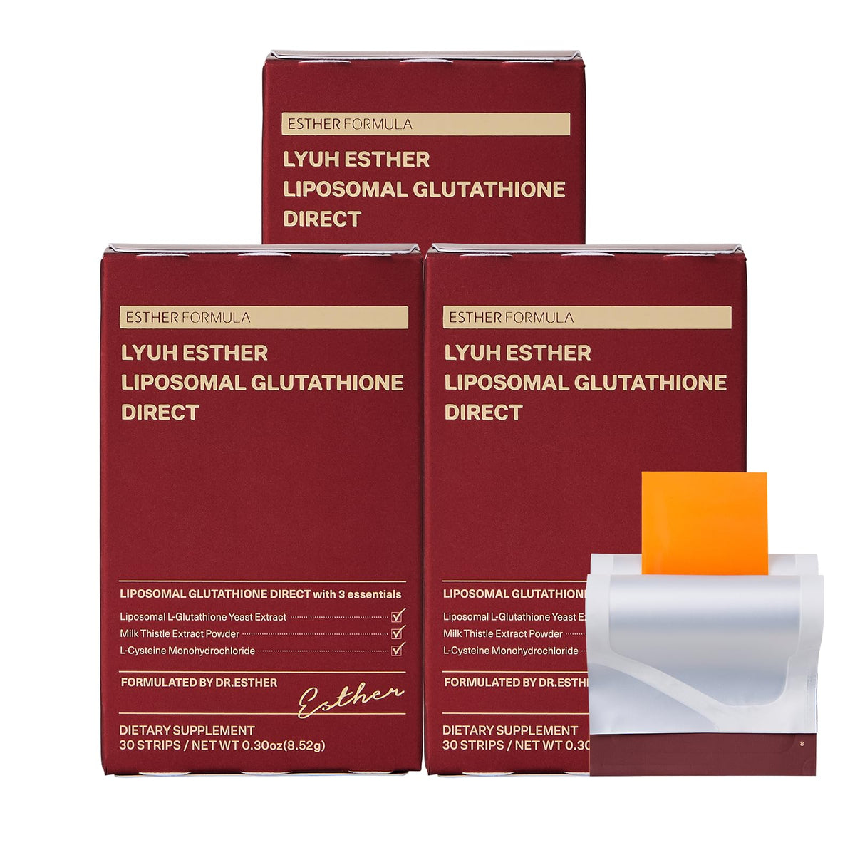 ESTHER FORMULA Liposomal Glutathione Strip packaging for easy travel use.