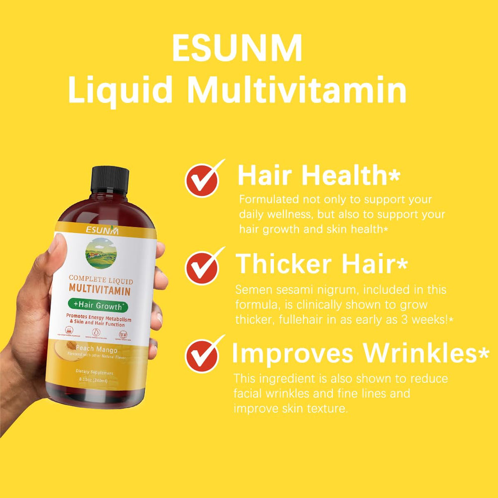 ESUNM complete liquid multivitamin pour glass illustrating easy consumption