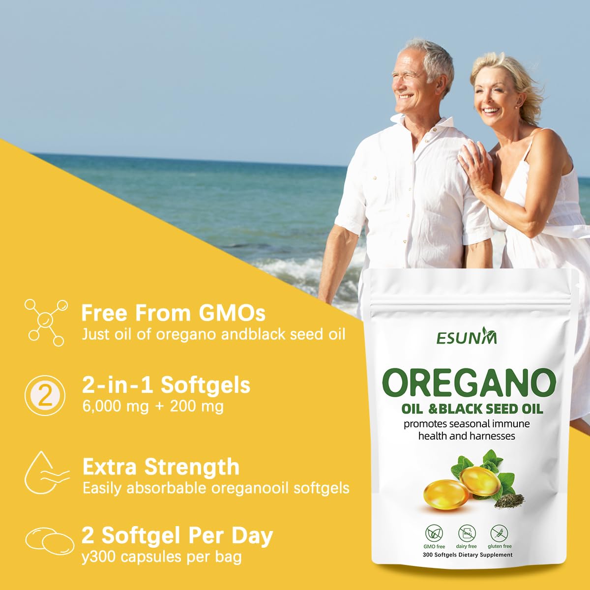 Label graphic emphasizes 6,000 mg oregano oil per serving and 200 mg black seed oil.
