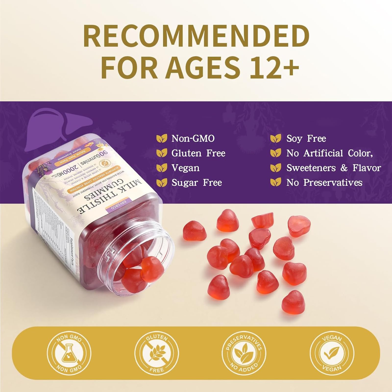 Esverco Milk Thistle Gummies nutrition panel with 2000 mg milk thistle per serving.