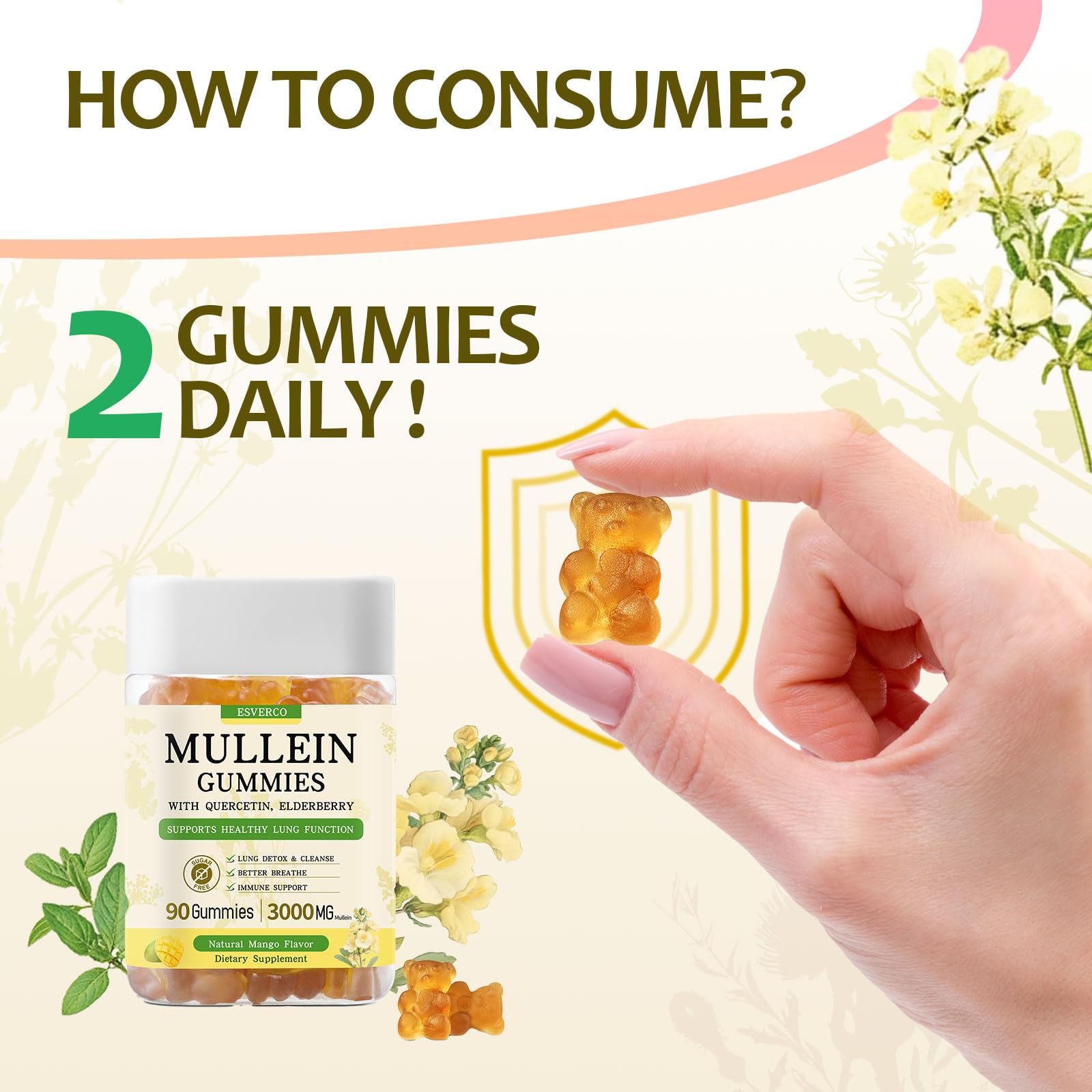 esverco Mullein Gummies ingredients panel showcases plant-based formula.