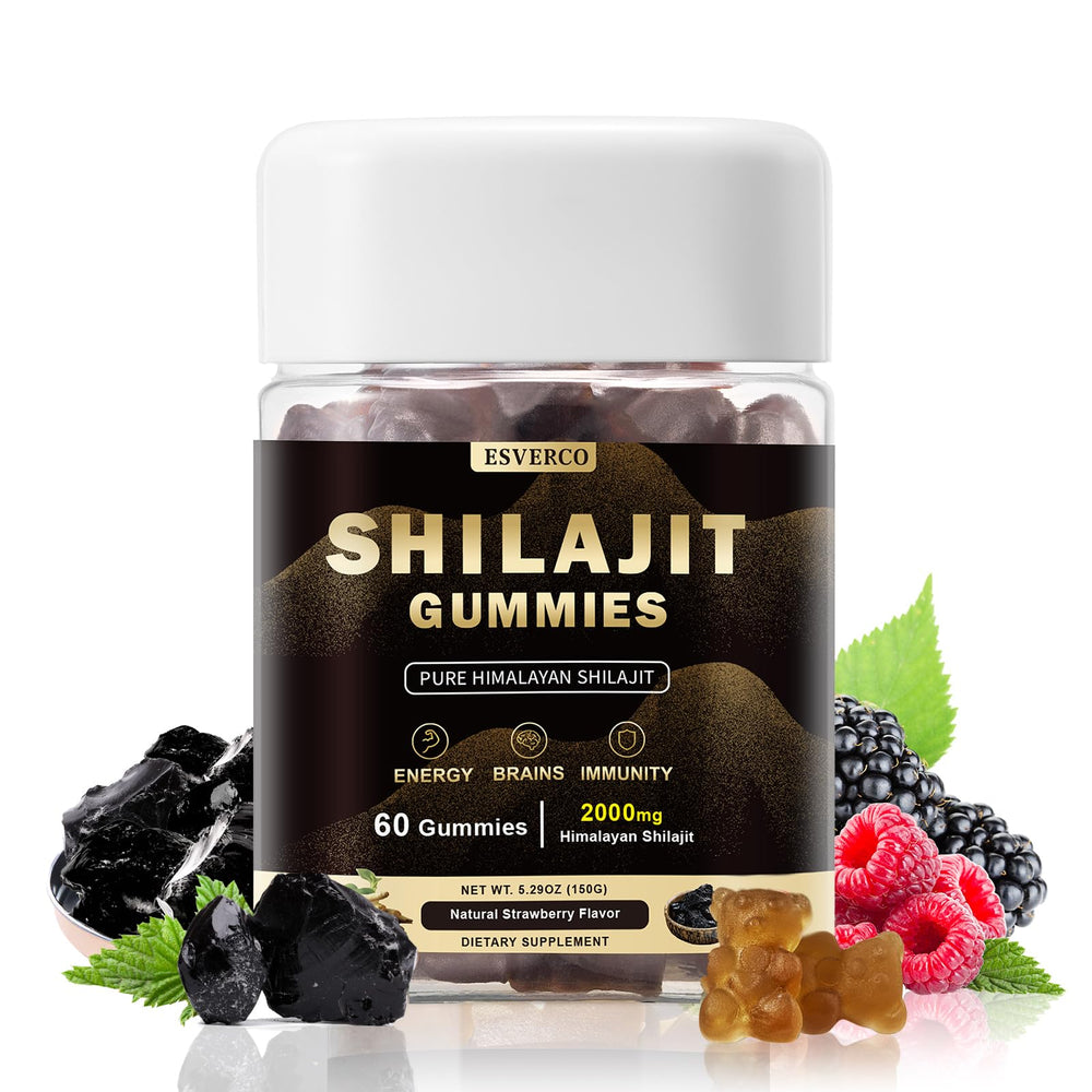 Esverco Shilajit Gummies bottle with natural strawberry flavor for daily use.