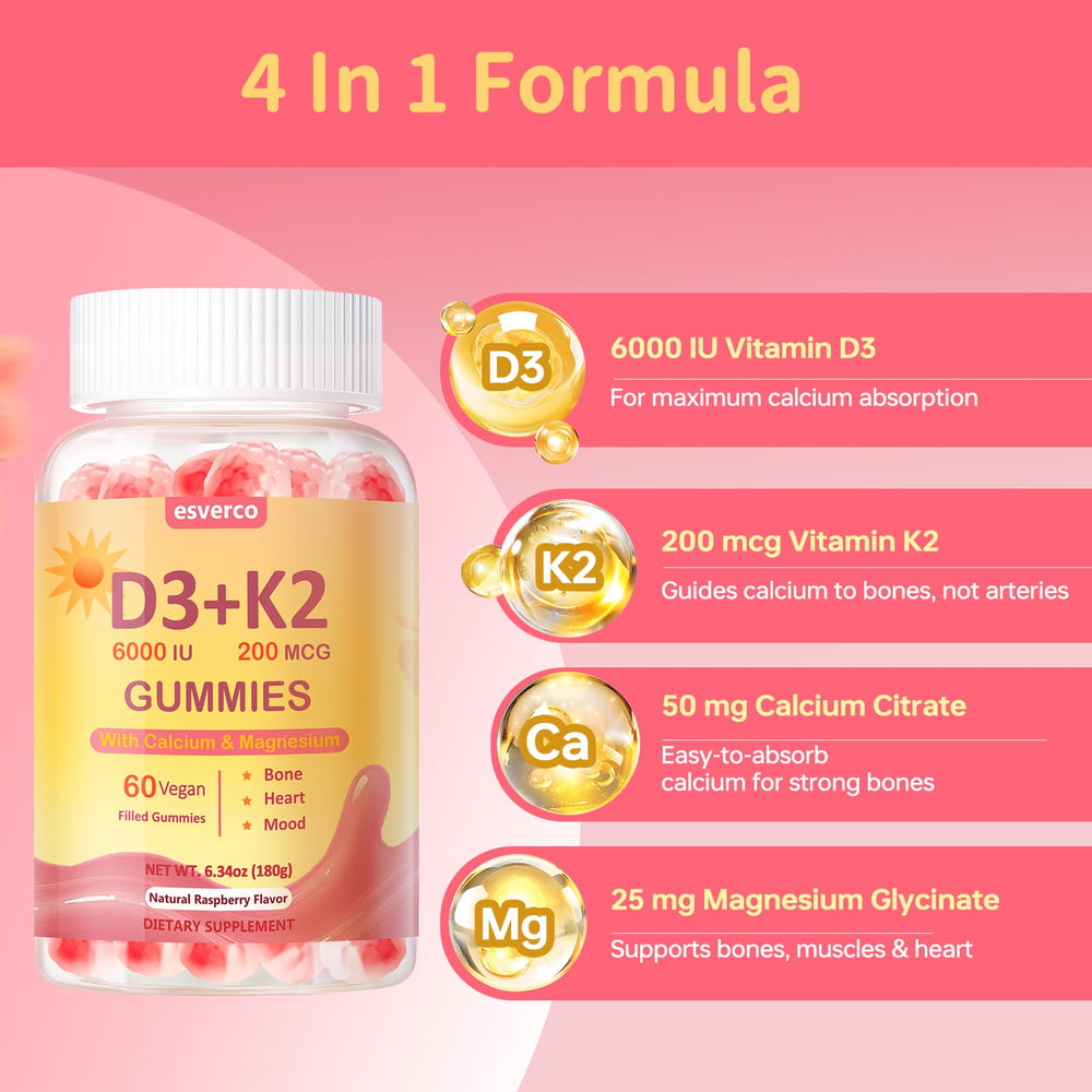 Esverco vitamin d3 k2 gummies showcase calcium and magnesium support.