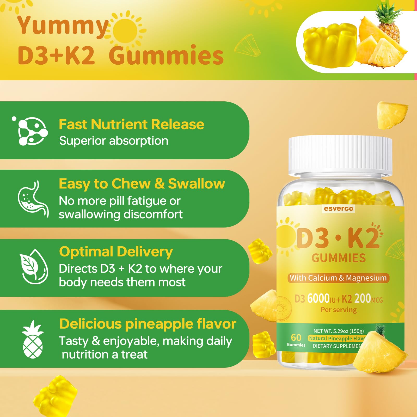 esverco Vitamin D3 K2 Gummies nutrition label highlights ingredients and potency