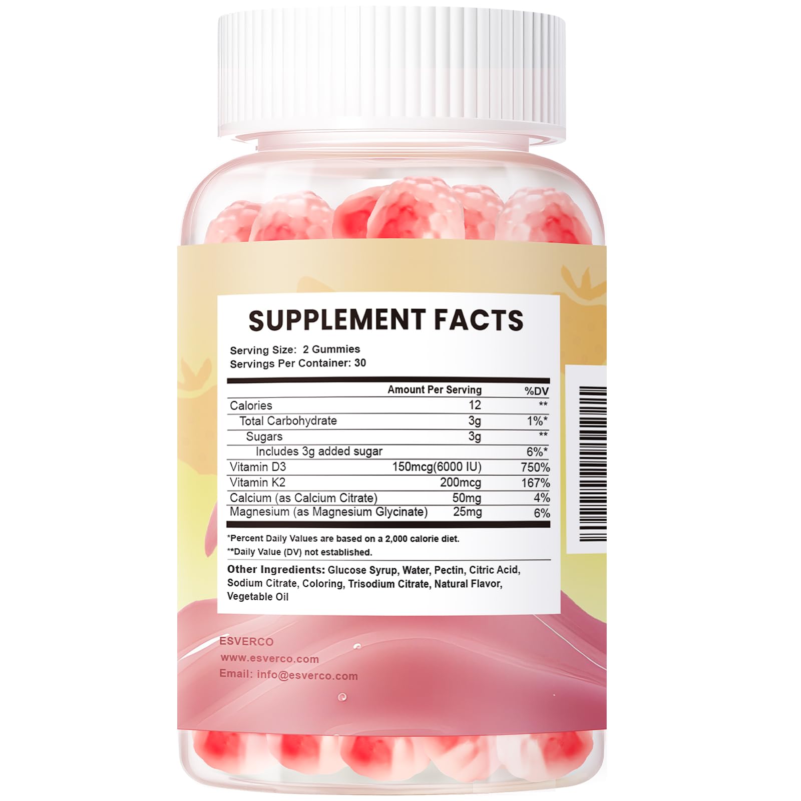 Esverco vegan raspberry gummies on clean counter.