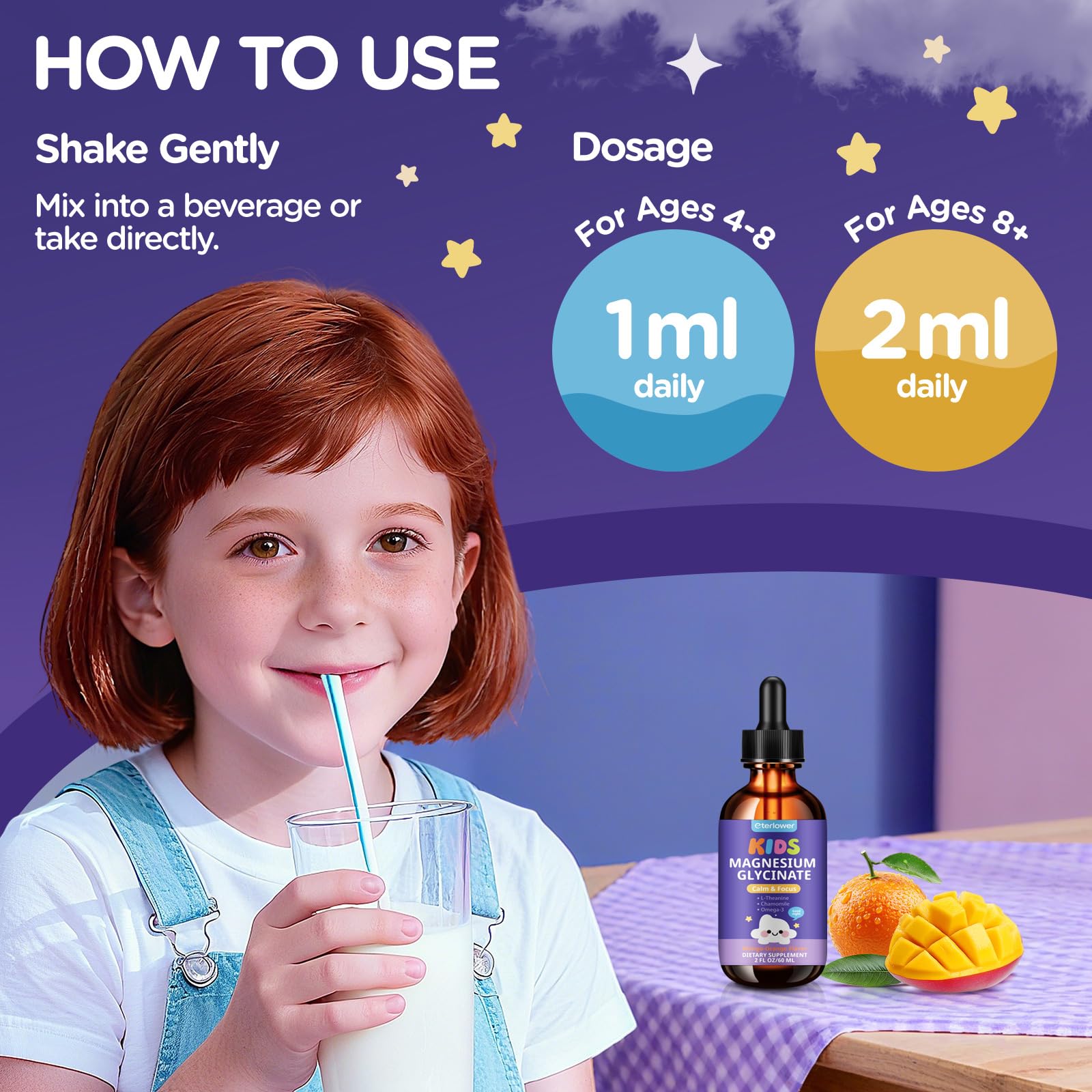 Eterlower Mango-Orange flavor drops on label enable easy dosing.