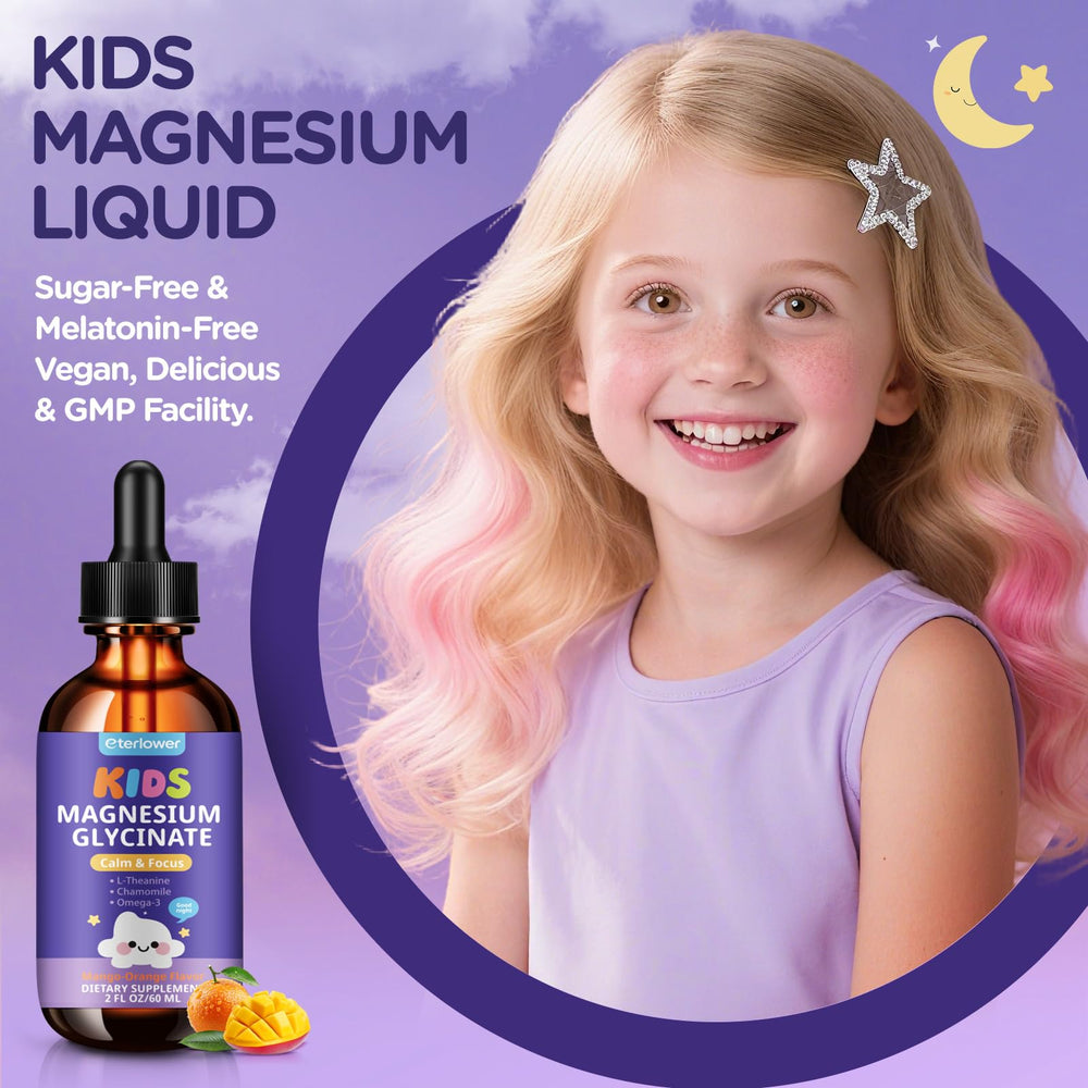 Eterlower Kids Magnesium Drops being poured into a drink for easy dosing.