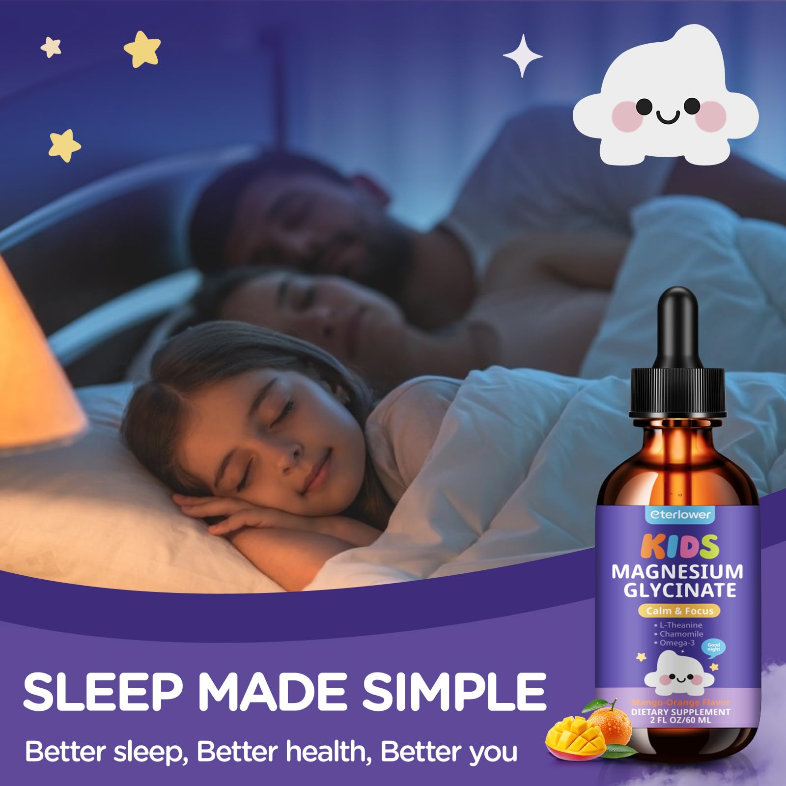 Eterlower bottle close-up highlights gentle digestion and kid-friendly formula.