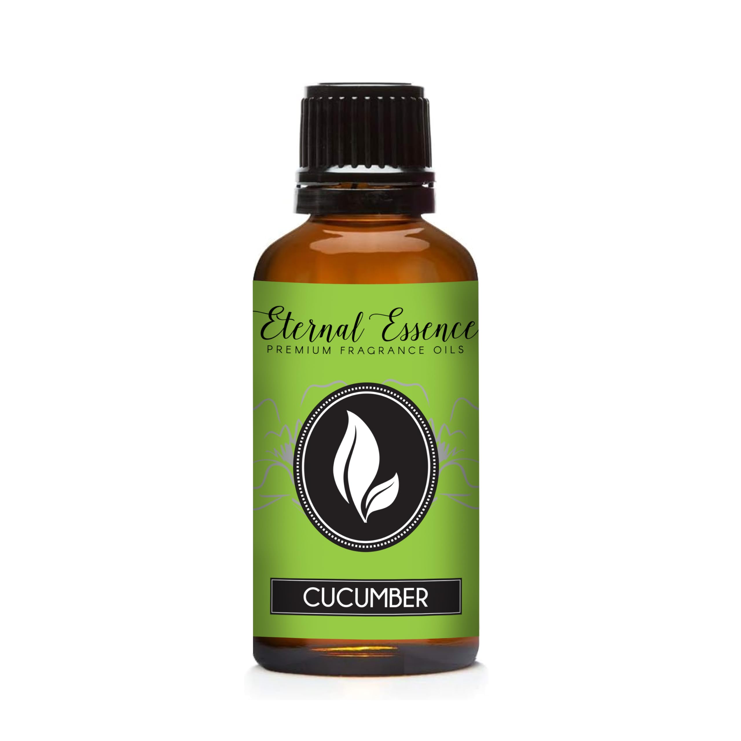 Eternal Essence Oils cucumber bottle; 30ml amber glass, ideal for candles and diffusers.