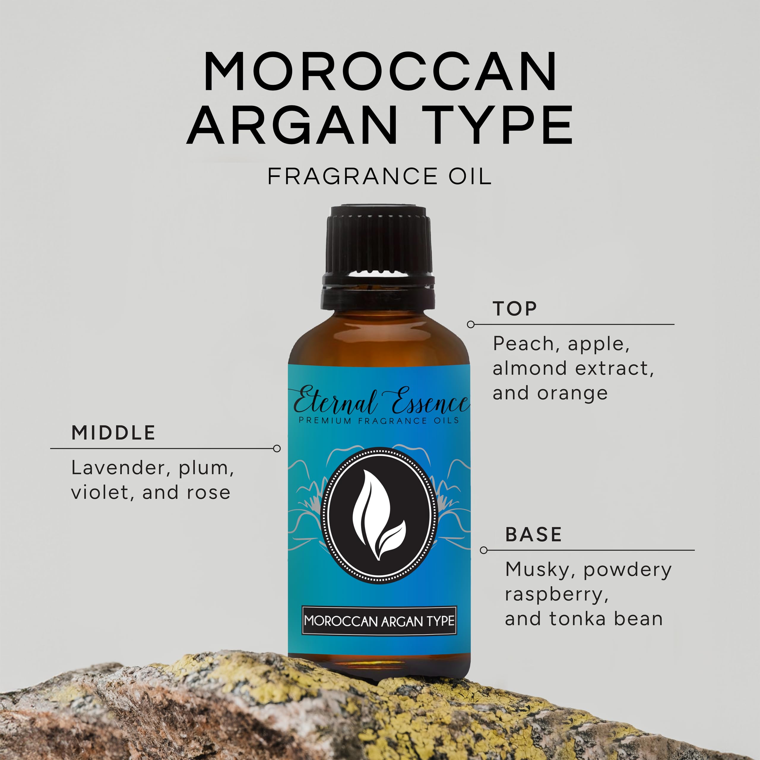 Close-up label of Eternal Essence Oils Argan Type highlighting premium aroma notes.