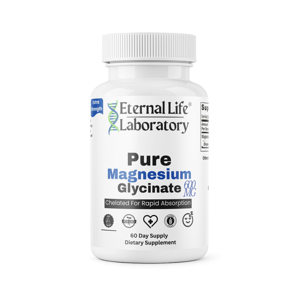 Eternal Life Laboratory magnesium glycinate bottle showing 600mg capsules for muscle and nerve support.