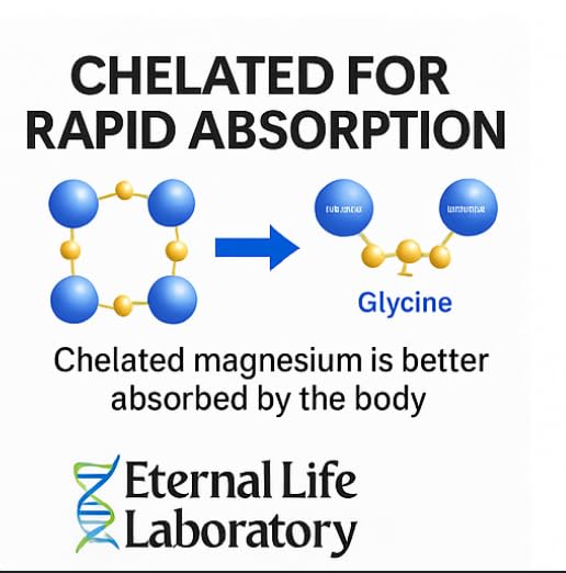 Close-up of Eternal Life Laboratory capsules highlighting chelated form and high bioavailability.