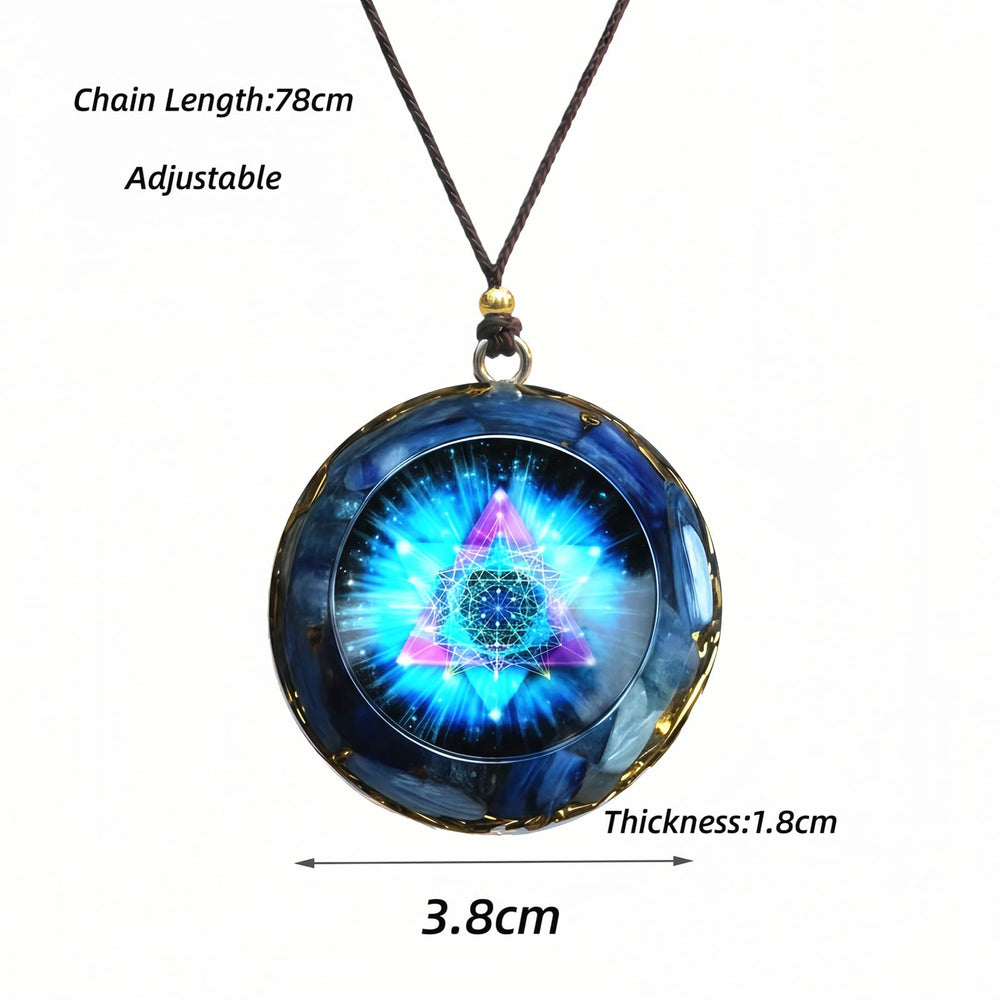 EternalOrgone orgonite pendant blue rope worn look promoting balanced energy vibes