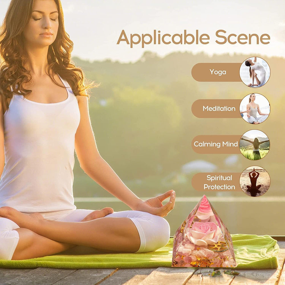 EternalOrgone rose quartz crystal pyramid for meditation setup promoting balance.