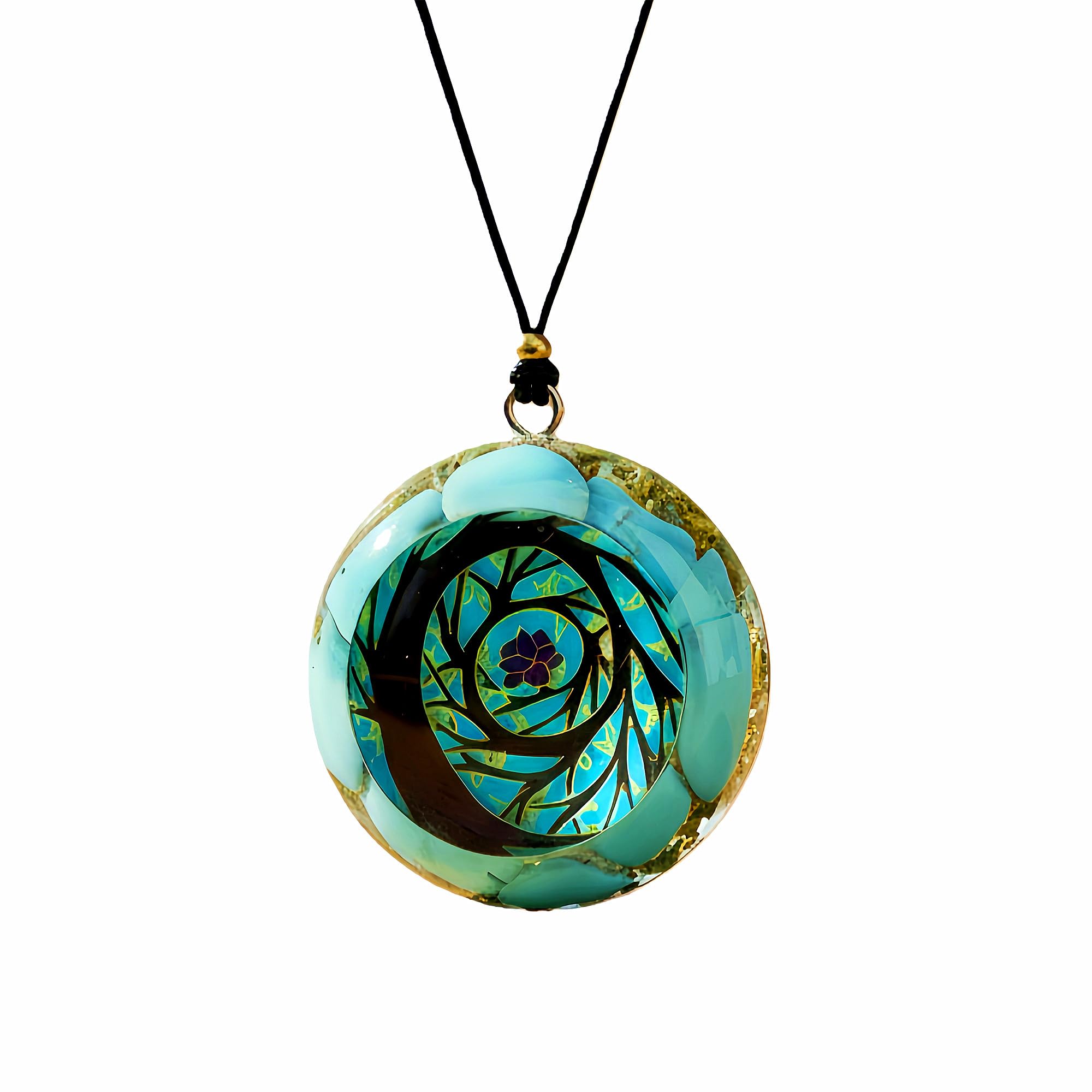 EternalOrgone Tree of Life pendant in turquoise resin enhances focus during meditation.