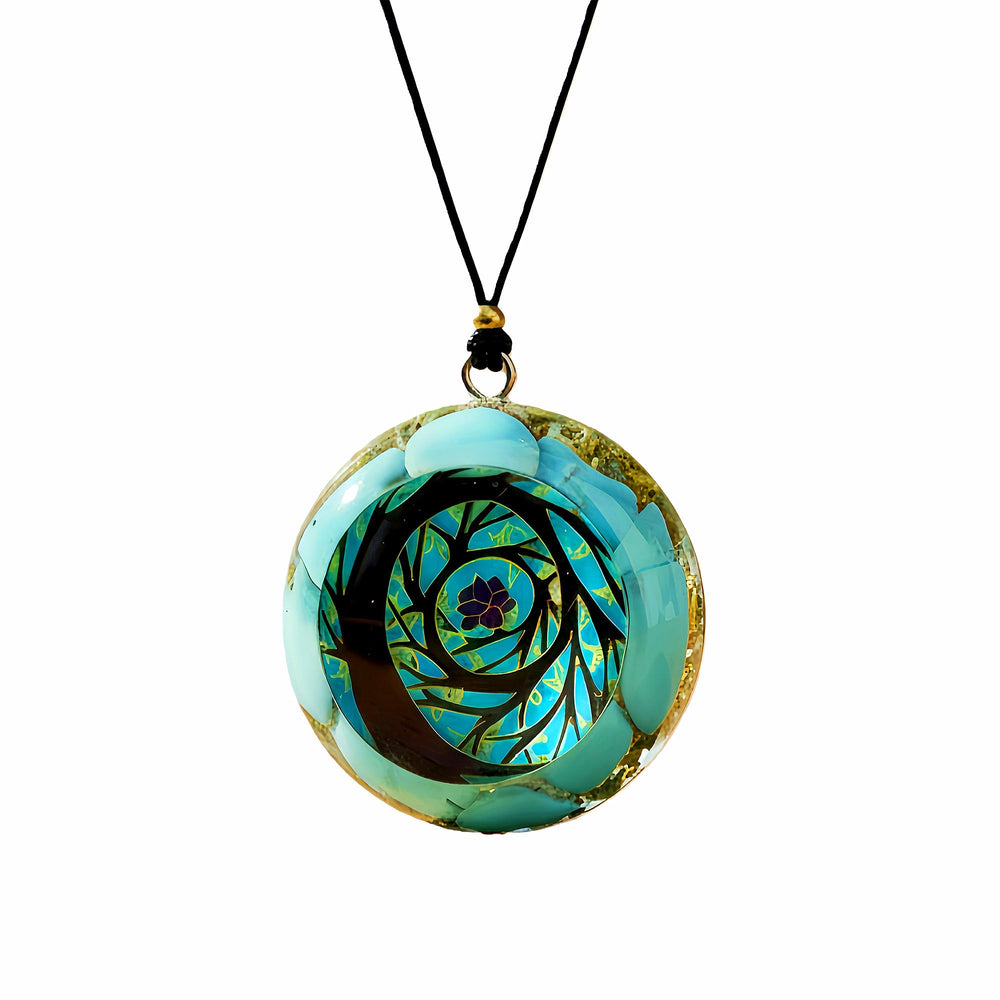 EternalOrgone Tree of Life pendant in turquoise resin enhances focus during meditation.