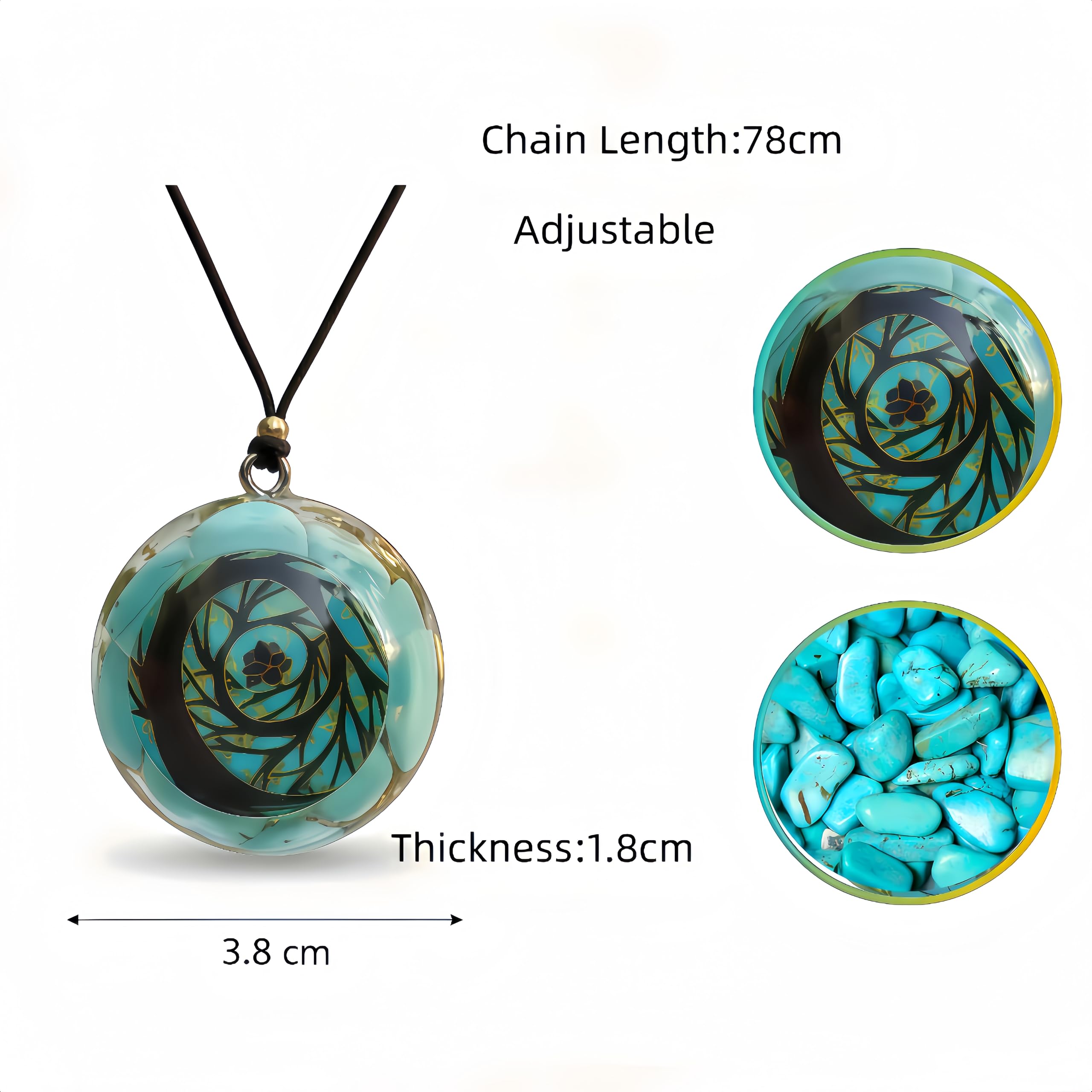 EternalOrgone turquoise pendant close-up highlights natural stone and gold foil details.