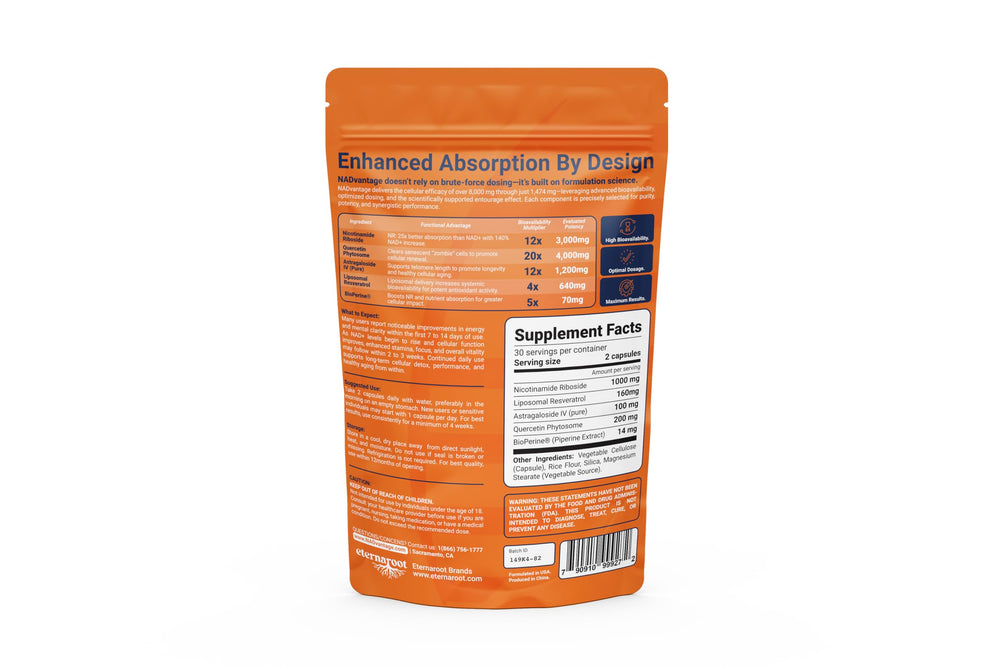 Eternaroot supplement facts panel details NR dosage and resveratrol content.