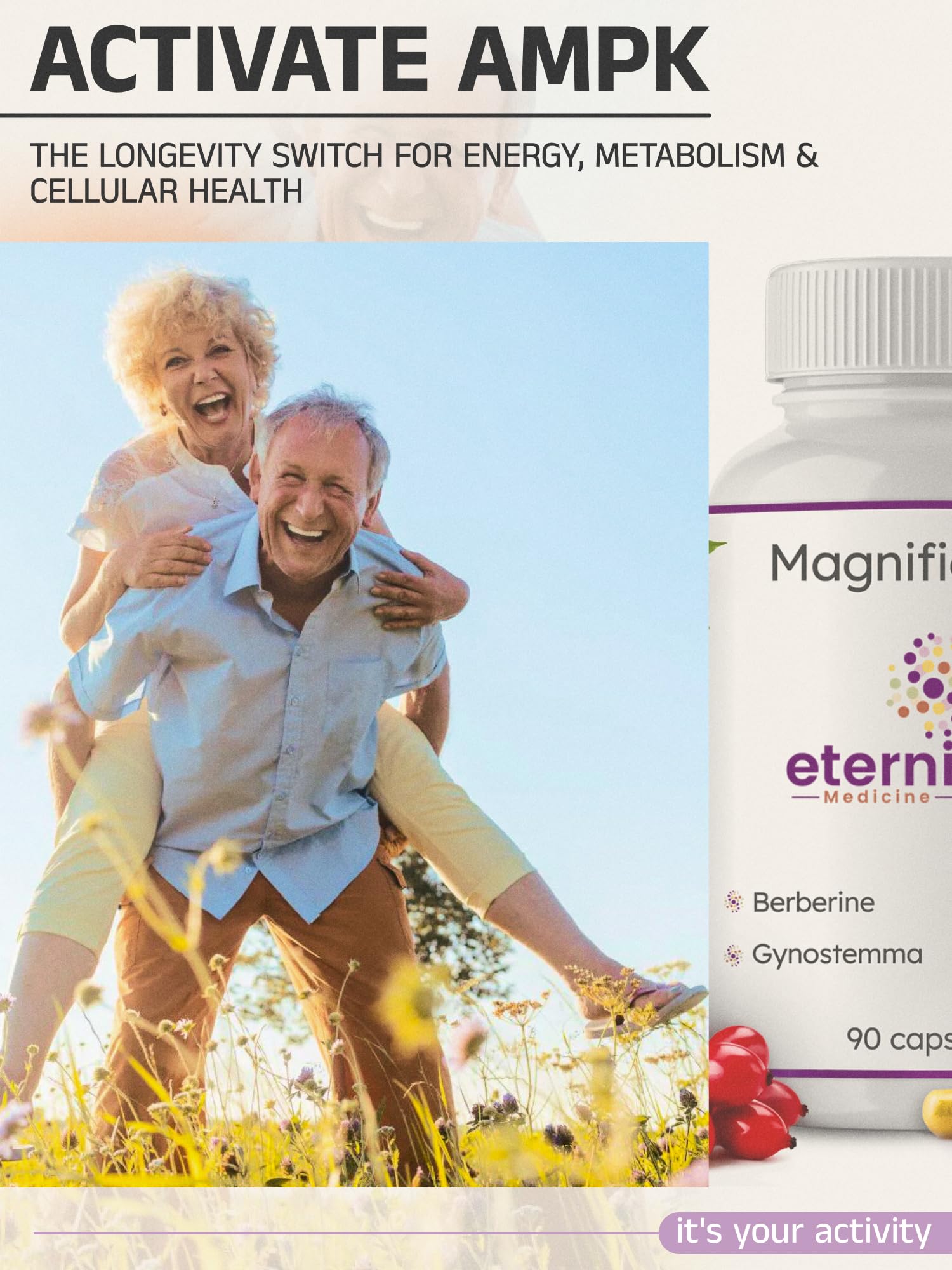 Eternity Medicine Rx label packaging highlighting non-GMO and USA-made quality.
