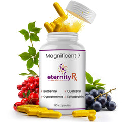Eternity Medicine Rx bottle front highlighting resveratrol blend for cellular vitality and aging support.