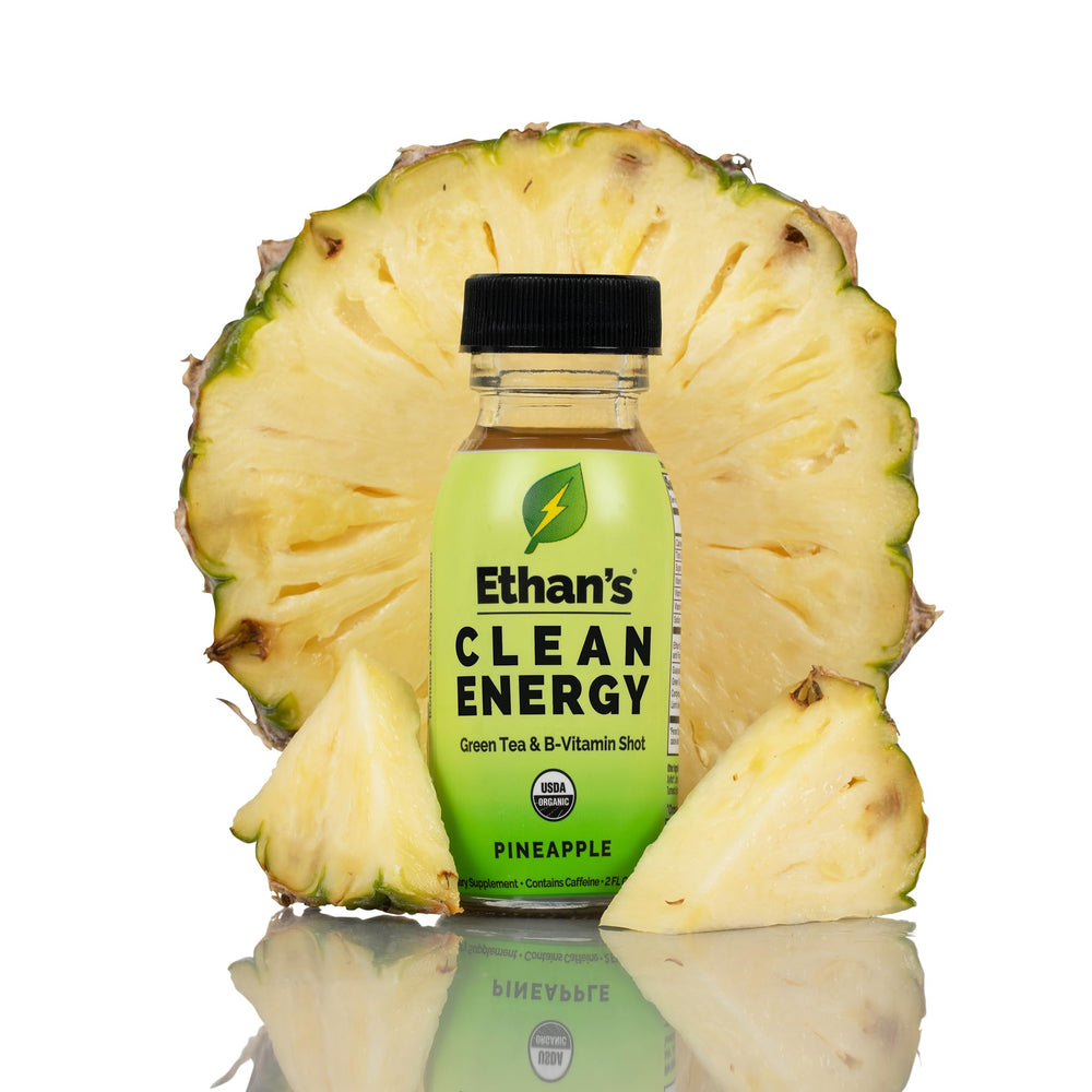 Green tea and guayusa blend label close-up on Ethan's Energy Shot.
