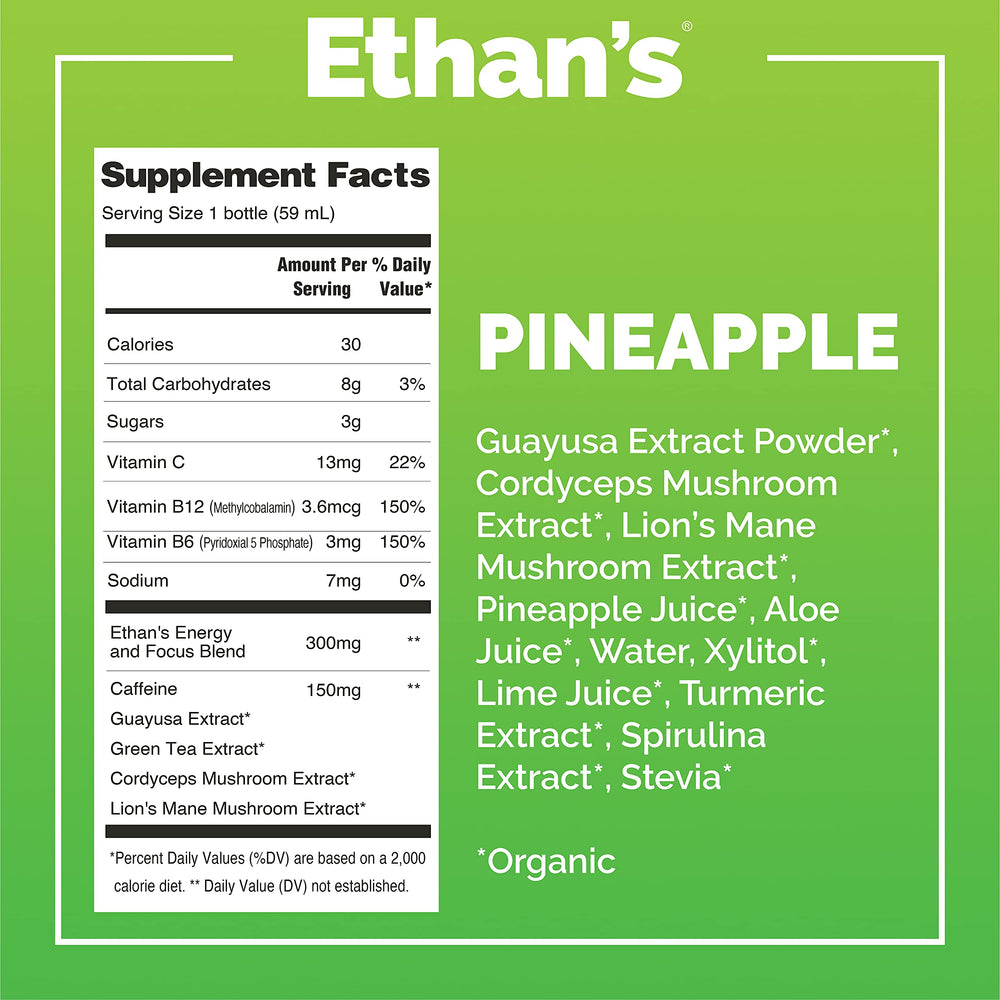 Ethan's clean energy shot label shows guayusa and green tea extract benefits