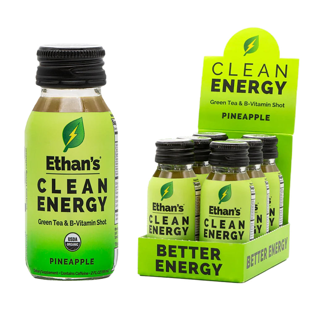 Ethan's Organic Clean Energy Shot pineapple bottle highlighting sugar-free vegan energy
