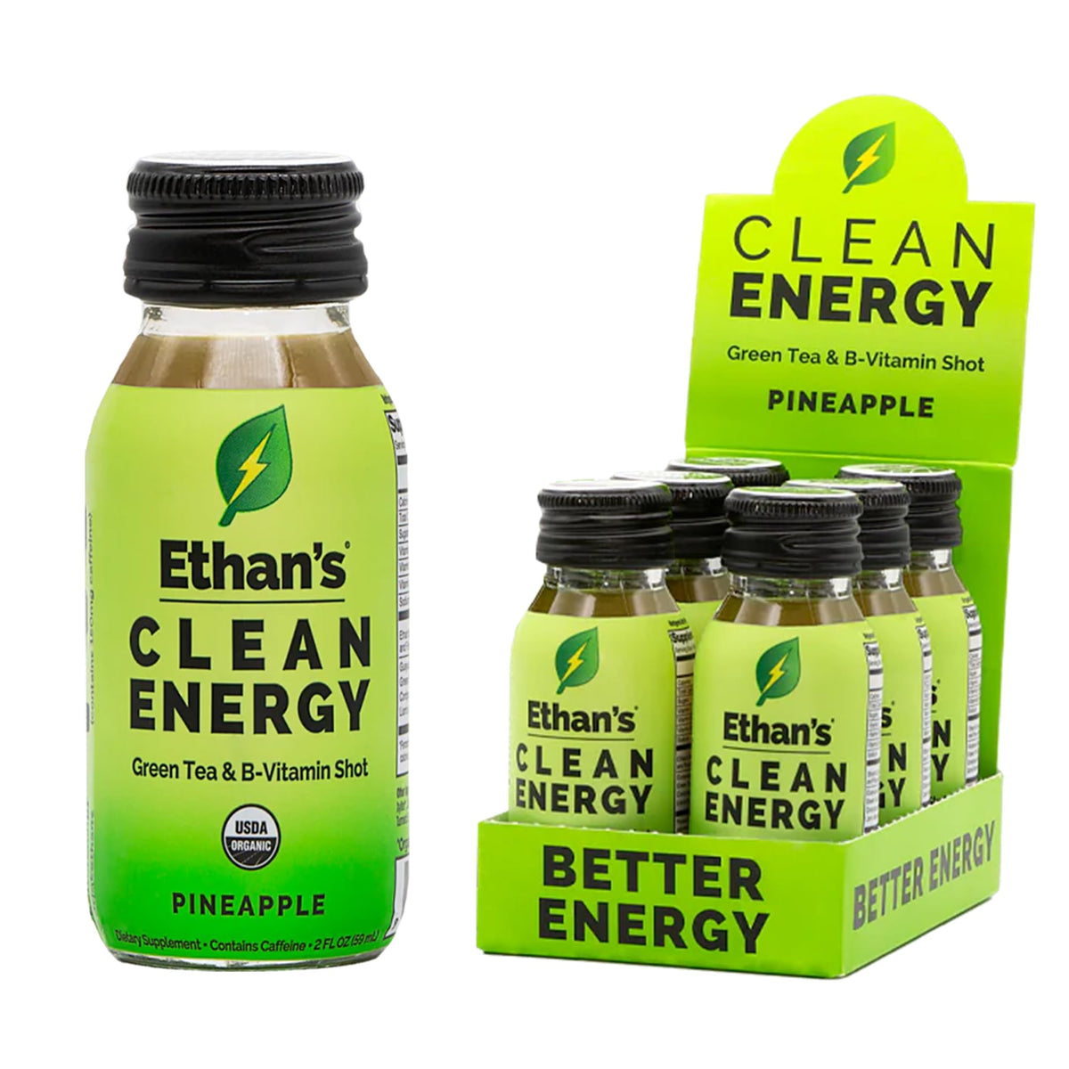 Ethan's Organic Clean Energy Shot pineapple bottle highlighting sugar-free vegan energy