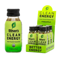 Ethan's Organic Clean Energy Shot pineapple bottle highlighting sugar-free vegan energy