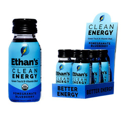Ethan's Organic Clean Energy Shot bottle shows pomegranate-blueberry flavor.