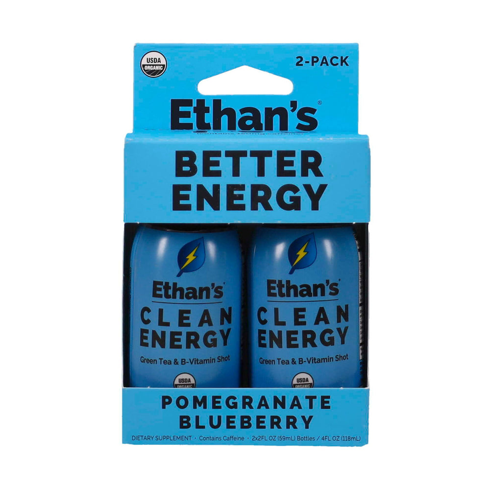 Ethan's Organic Clean Energy Shots bottle in Pomegranate Blueberry flavor for on-the-go focus.