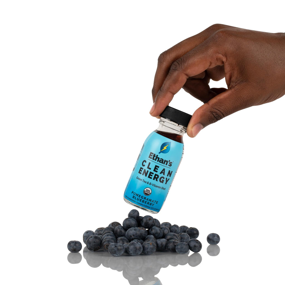Ethan's energy shot ingredients with green tea and guayusa on the bottle.