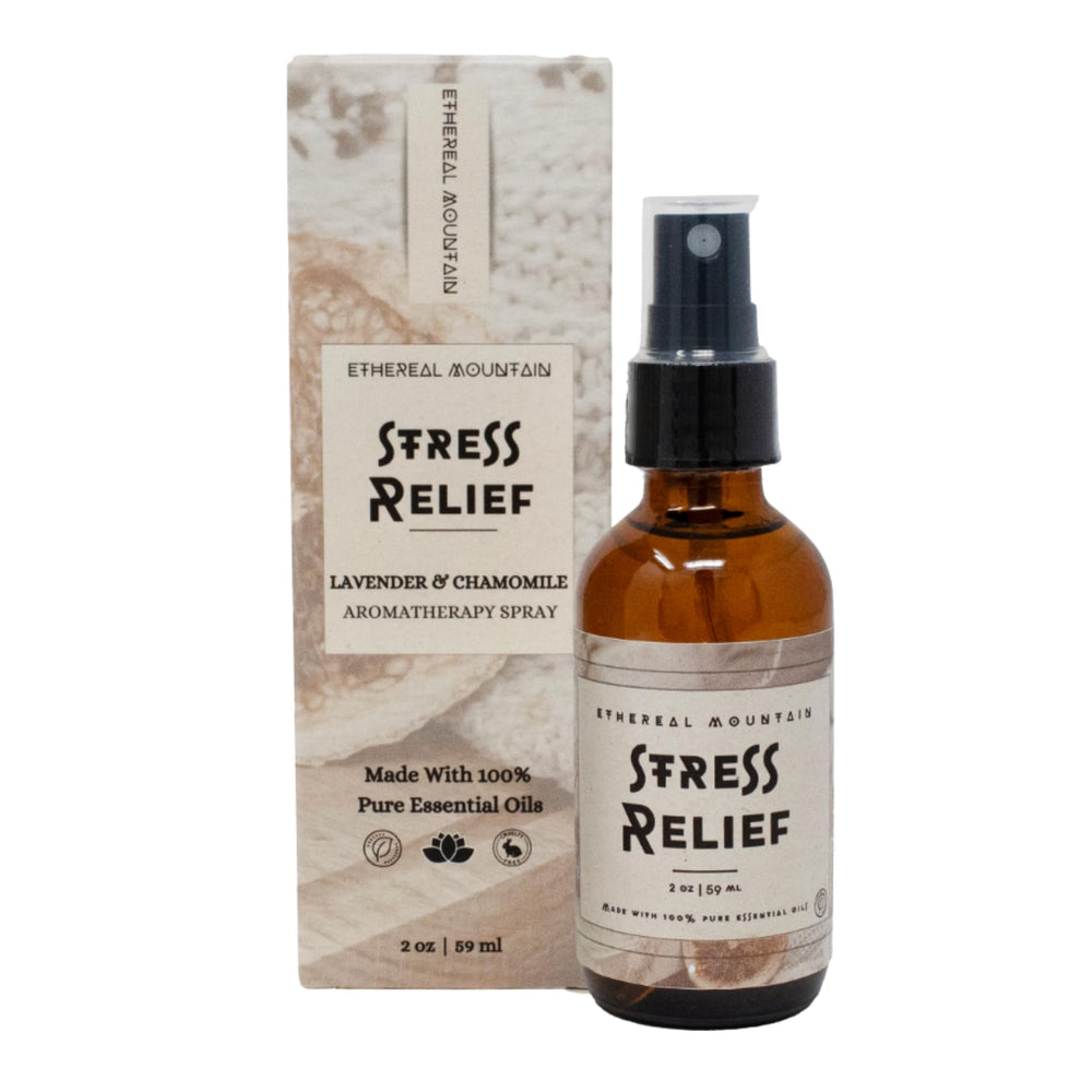 Ethereal Mountain Stress Relief Pillow Spray bottle releases calming lavender aroma for relaxation.