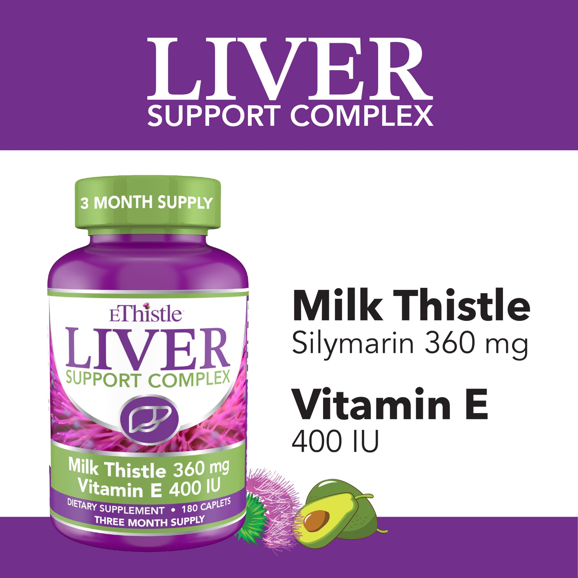 EThistle Liver Wellness bottle closeup highlighting 180 caplets