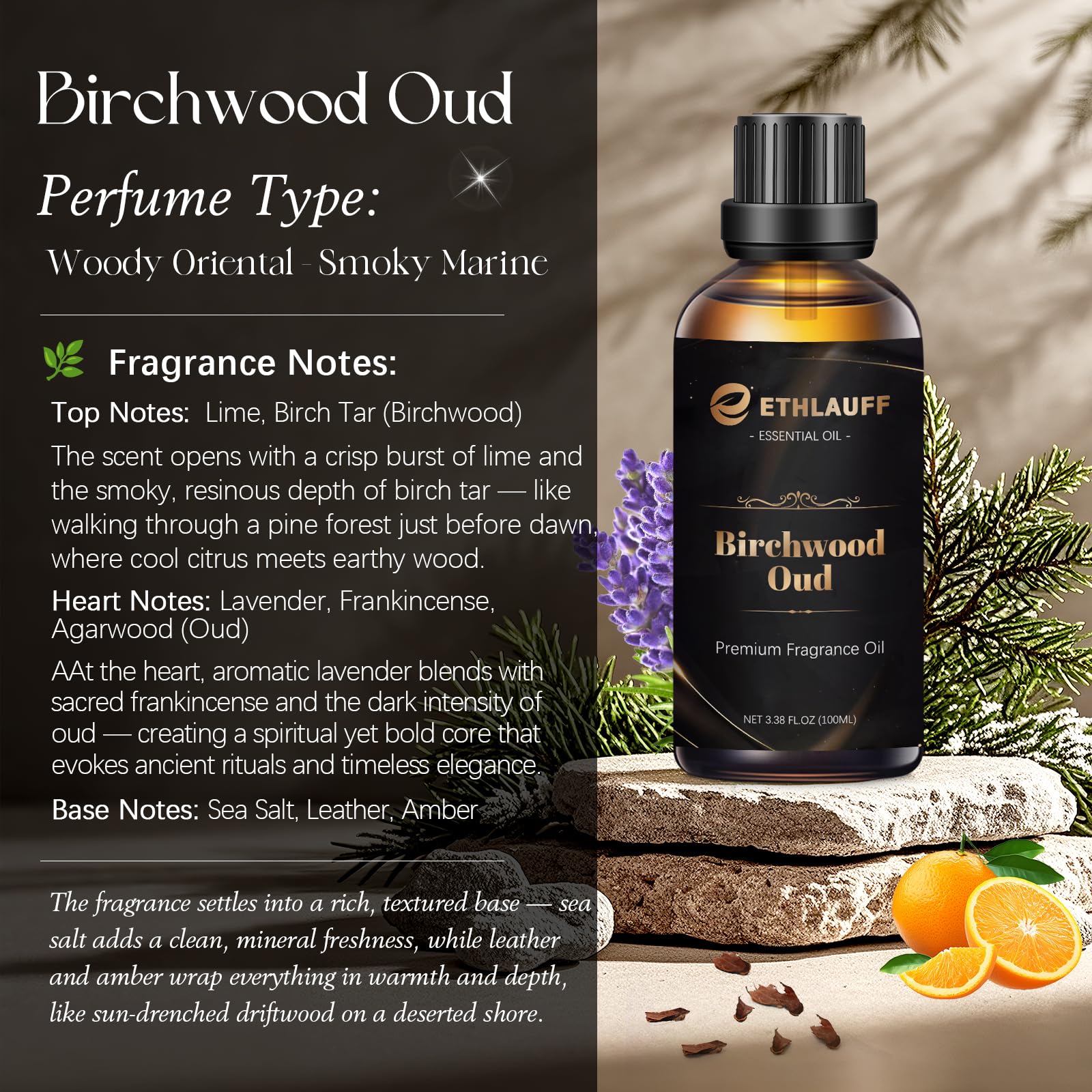 Closeup of Ethlauff Birchwood Oud label highlighting premium quality.