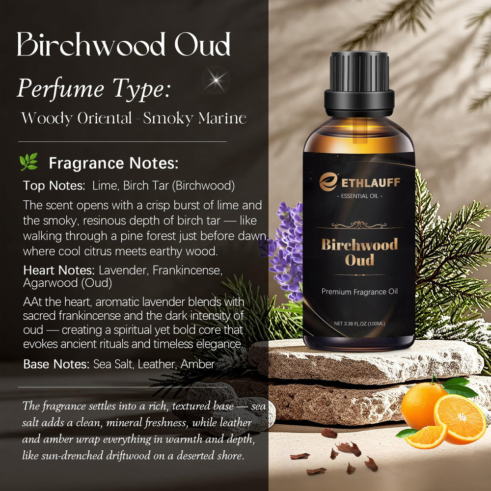 Closeup of Ethlauff Birchwood Oud label highlighting premium quality.
