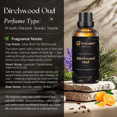 Closeup of Ethlauff Birchwood Oud label highlighting premium quality.