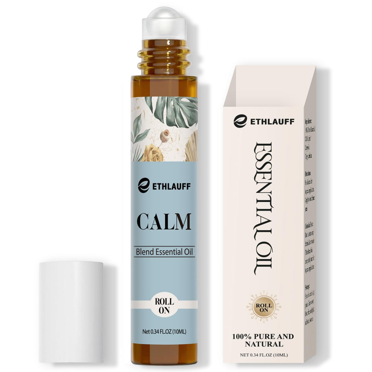 Ethlauff Calm essential oil roll-on bottle close-up for portable relaxation.