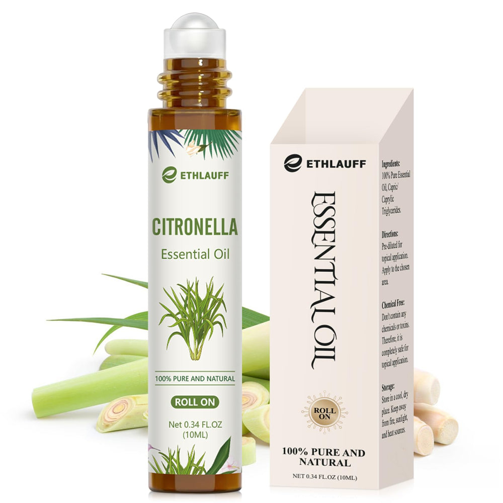 Ethlauff Citronella roll-on bottle in glass shows pure, premium packaging for an on-the-go scent.
