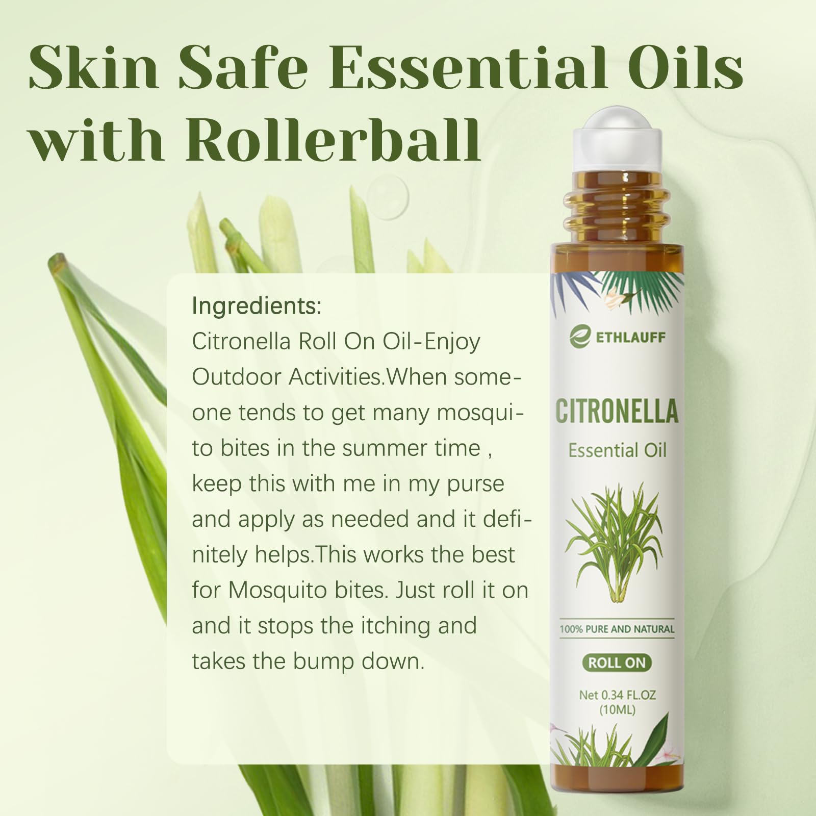 Ethlauff Citronella packaging closeup highlights amber glass protecting fragrance and purity.