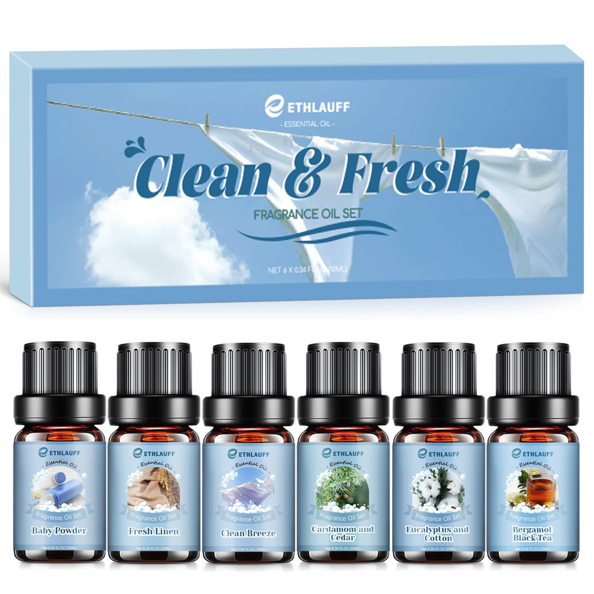 Ethlauff Clean Essential Oils Set packaging preview for crafts and diffusers